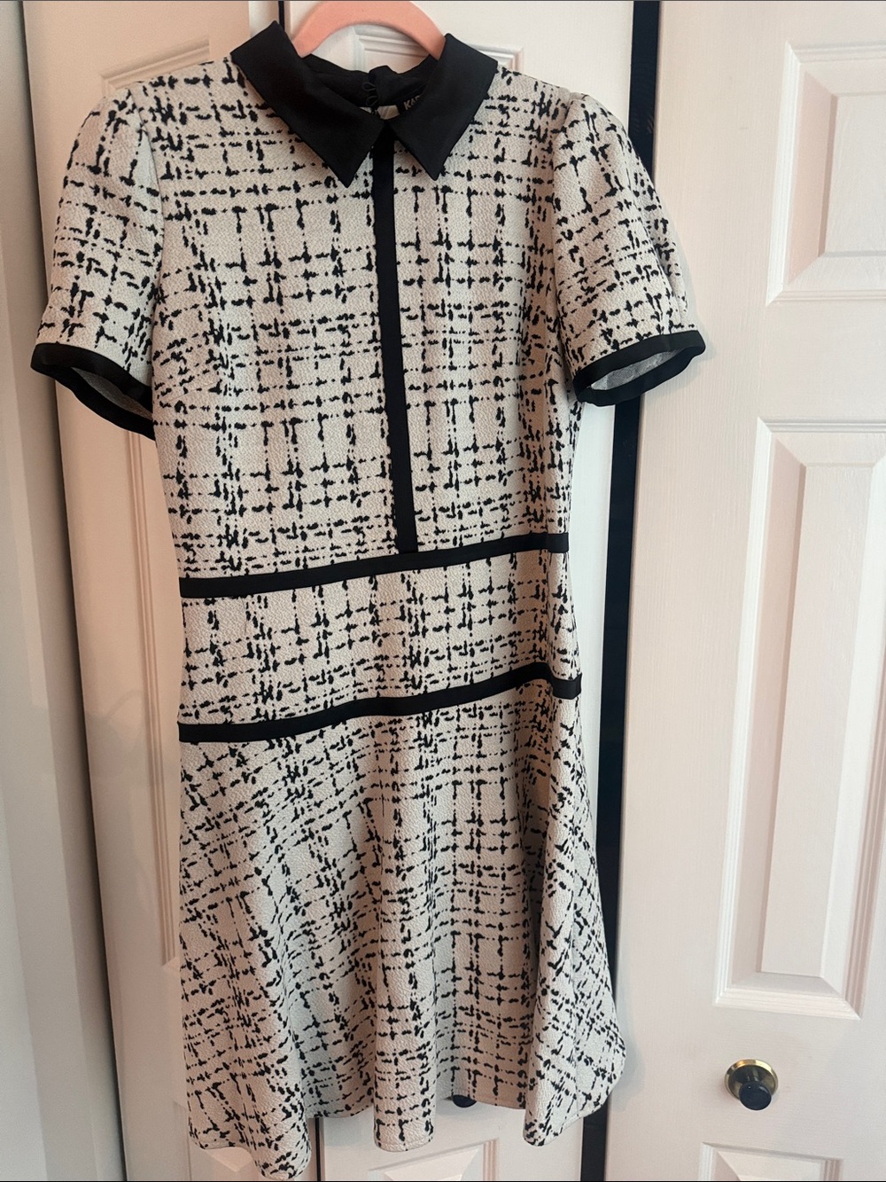 Karl Lagerfeld Black and White Tweed Fit-and-Flare Dress with Contrast Collar